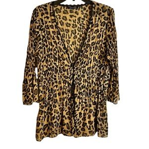 Vtg Leopard Print Semi Sheer Top Open Flare Front Shirred Waist Crinkle XL Witch